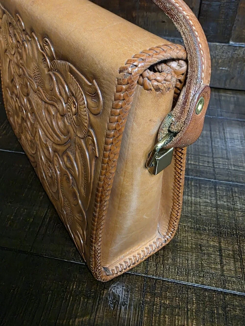 Vintage 70's Hand Tooled Leather Western Granny Handbag